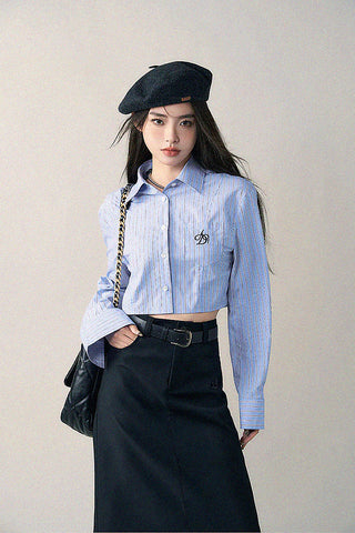 blue striped crop long sleeve shirt