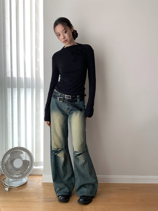 Washed Pleated Double Waist Jeans