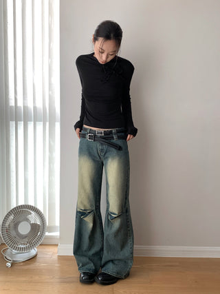 Washed Pleated Double Waist Jeans