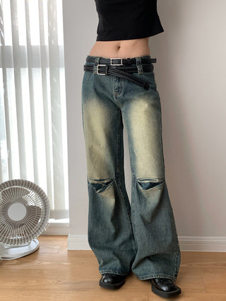 Washed Pleated Double Waist Jeans