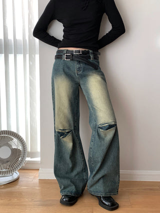 Washed Pleated Double Waist Jeans