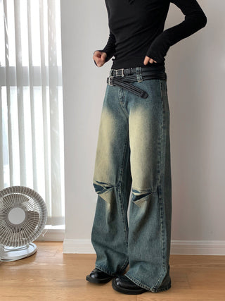 Washed Pleated Double Waist Jeans