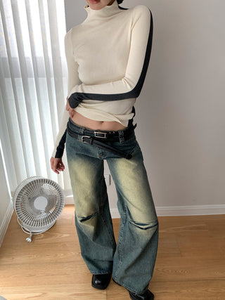 Washed Pleated Double Waist Jeans