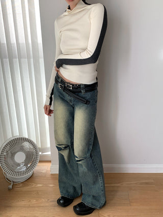 Washed Pleated Double Waist Jeans