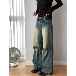 Washed Pleated Double Waist Jeans