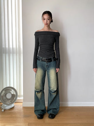 Washed Pleated Double Waist Jeans