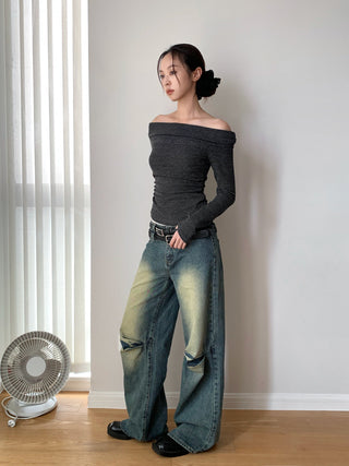 Washed Pleated Double Waist Jeans