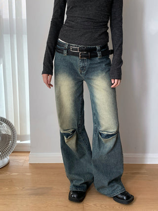 Washed Pleated Double Waist Jeans