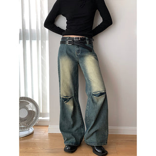 Washed Pleated Double Waist Jeans