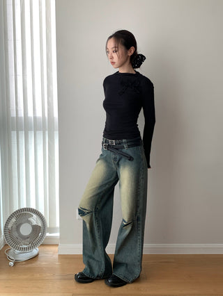 Washed Pleated Double Waist Jeans