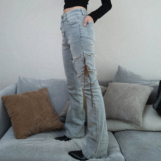 Strap Slim-fit Micro-torn High Waist jeans