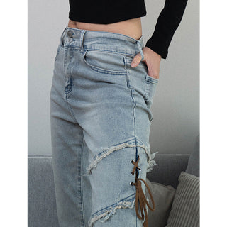 Strap Slim-fit Micro-torn High Waist jeans