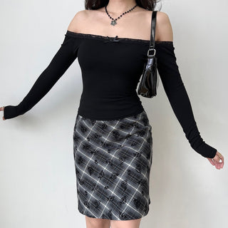 Flower embroidery plaid high waist skirt