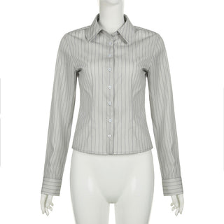 lapel striped long-sleeved shirt