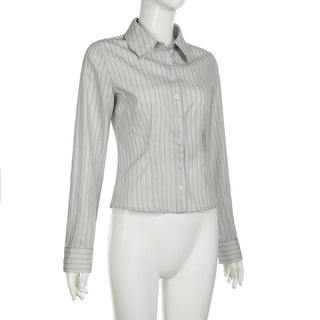 lapel striped long-sleeved shirt