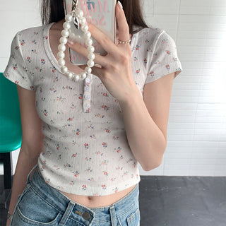 Crushed flower round neck crop top