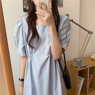 Korean solid color drawers waist dress