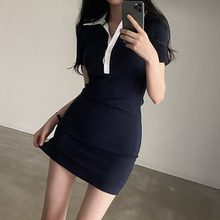 POLO collar half button knitted slim dress