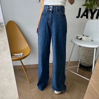 Double buckle split frayed straight Denim Jeans