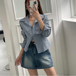 Chic Korean striped waist slimming shirt