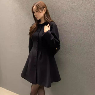 Retro round neck slim waist woolen coat