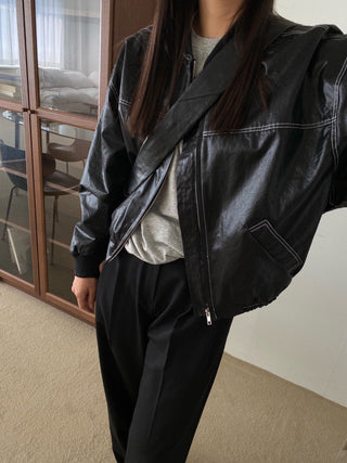 Vintage open line design loose leather jacket