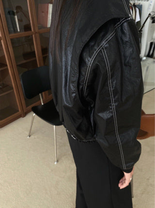 Vintage open line design loose leather jacket