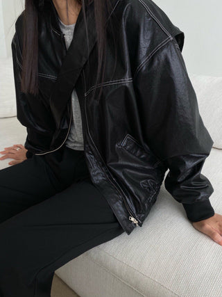 Vintage open line design loose leather jacket