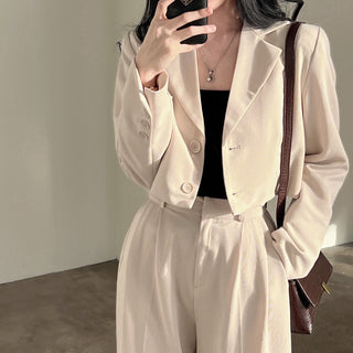 Solid Boxy Fit Notched Lapel cropped Blazer & trousers set