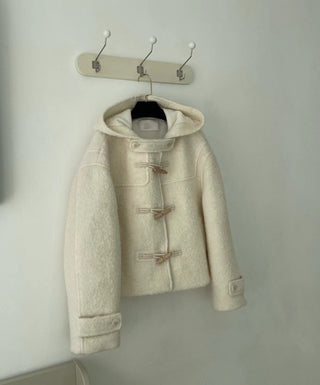 Horn buckle hooded fur short coat