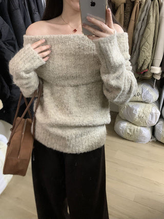 Loose woolen off-shoulder sweater