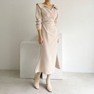 French Lapel Waist Bubble Sleeve dress