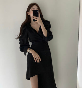 Irregular waist long sleeve dress