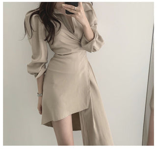 Irregular waist long sleeve dress