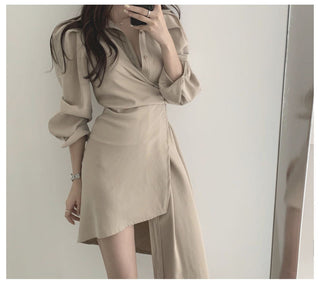 Irregular waist long sleeve dress