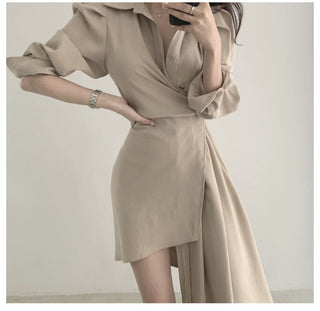 Irregular waist long sleeve dress