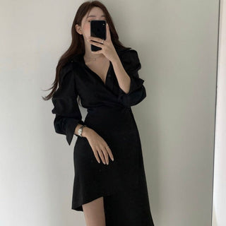 Irregular waist long sleeve dress