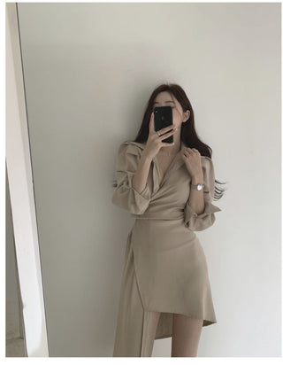 Irregular waist long sleeve dress