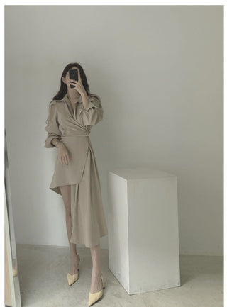 Irregular waist long sleeve dress