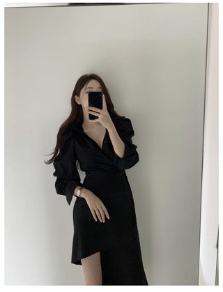 Irregular waist long sleeve dress