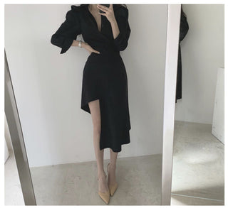 Irregular waist long sleeve dress