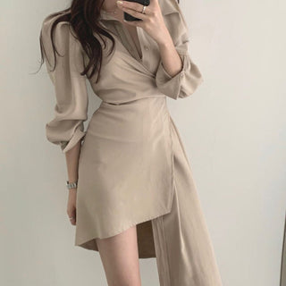 Irregular waist long sleeve dress