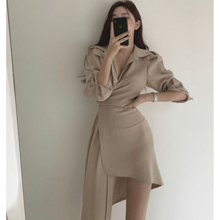 Irregular waist long sleeve dress