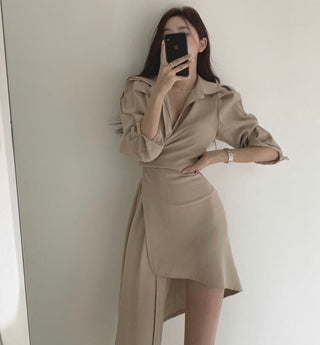 Irregular waist long sleeve dress