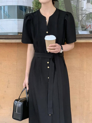 V-neck single-breasted puff sleeve dress