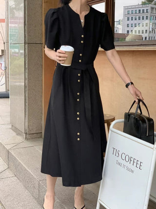 V-neck single-breasted puff sleeve dress