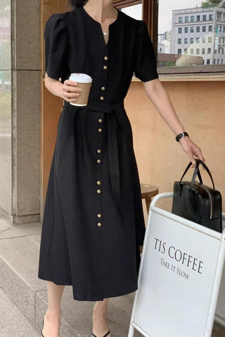 V-neck single-breasted puff sleeve dress