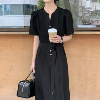 V-neck single-breasted puff sleeve dress