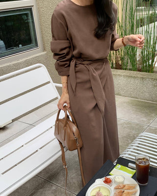 Waist wrap round neck long sleeve dress