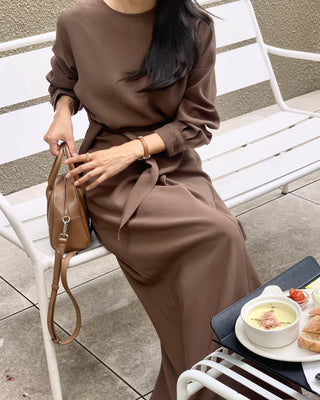 Waist wrap round neck long sleeve dress